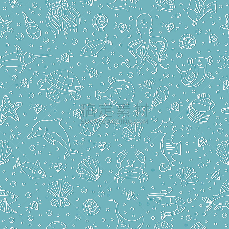 海洋生命,式样,绘画插图,美,纺织品,贝壳,海豚,夏天,四方连续纹样,螃蟹