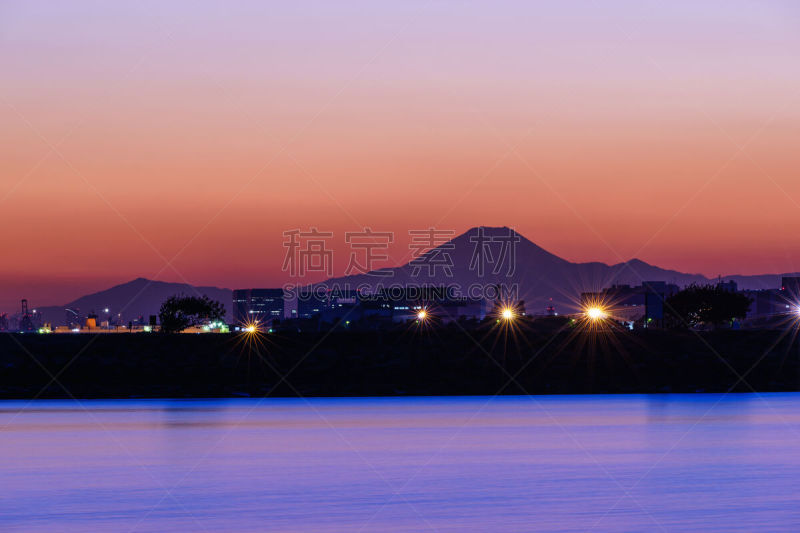 富士山,看风景,海滨公园,天空,水平画幅,无人,运河,曙暮光,户外,都市风景