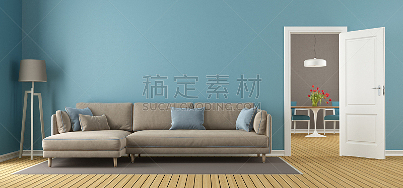 褐色,蓝色,起居室,极简构图,水平画幅,无人,椅子,硬木地板,绘画插图,家具