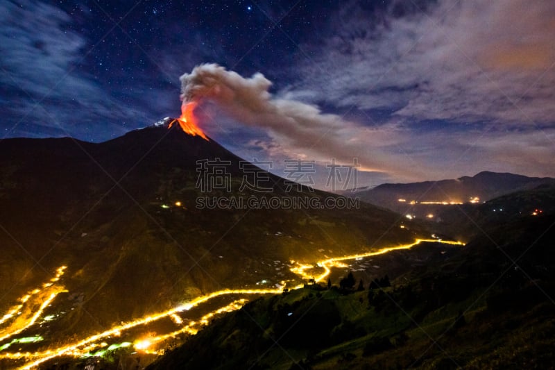 通古拉瓦火山,天空,水平画幅,夜晚,户外,美洲,山,光,危险