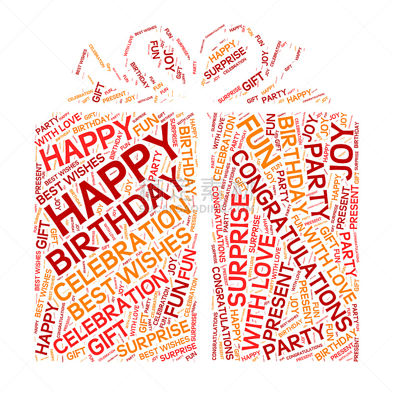 Birthday word cloud in the shape of a gift box