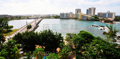 圣胡安,酒店,高架铁路铁轨,海湾,波多黎各,旅游目的地,水平画幅,无人,全景,游泳池