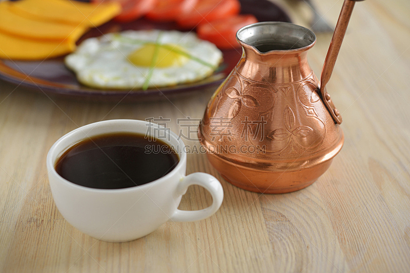 杯,土耳其清咖啡,土耳其式咖啡壶,留白,水平画幅,无人,热饮,膳食,早晨,奶酪