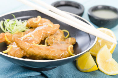 柠檬鸡,葱,方碟,柠檬,白色,白肉,晚餐,炸鸡,鸡肉,碗