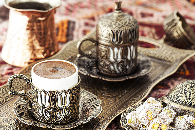 土耳其清咖啡,土耳其软糖,褐色,水平画幅,无人,古老的,饮料,锅,特写,咖啡