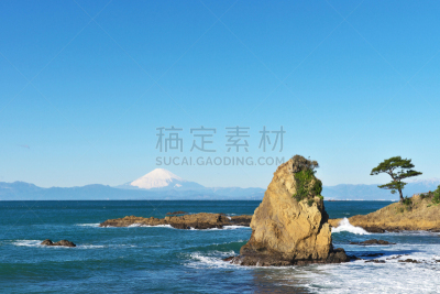 富士山,旅游目的地,水平画幅,岩石,雪,无人,日本,户外,海洋,波浪