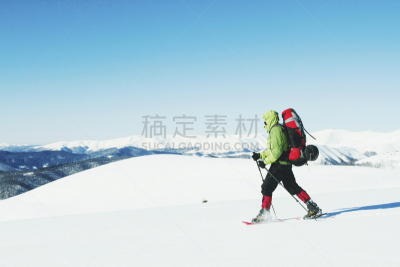 冬天,山,徒步旅行,背包,帐篷,天空,登山杖,水平画幅,云,雪