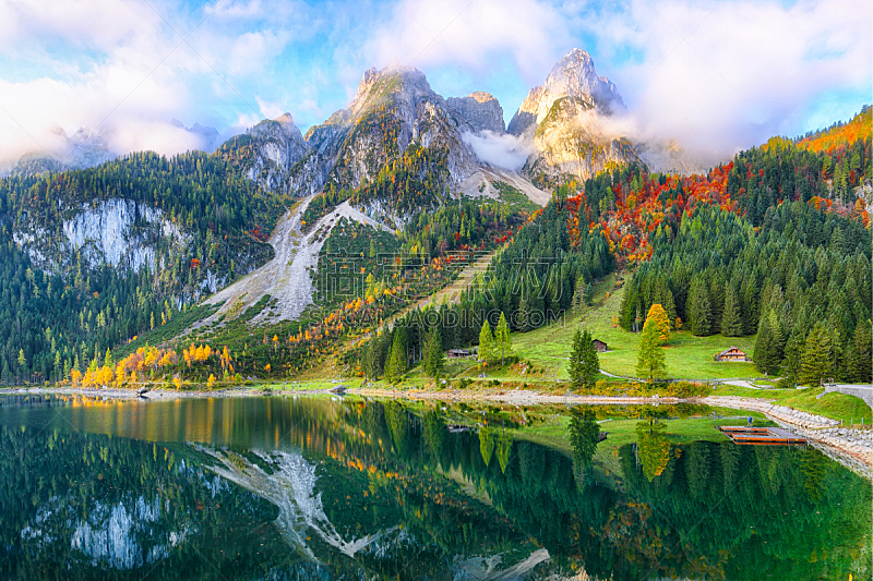 湖,达特施泰因山脉,秋天,风景,山,水晶,色彩鲜艳,反射