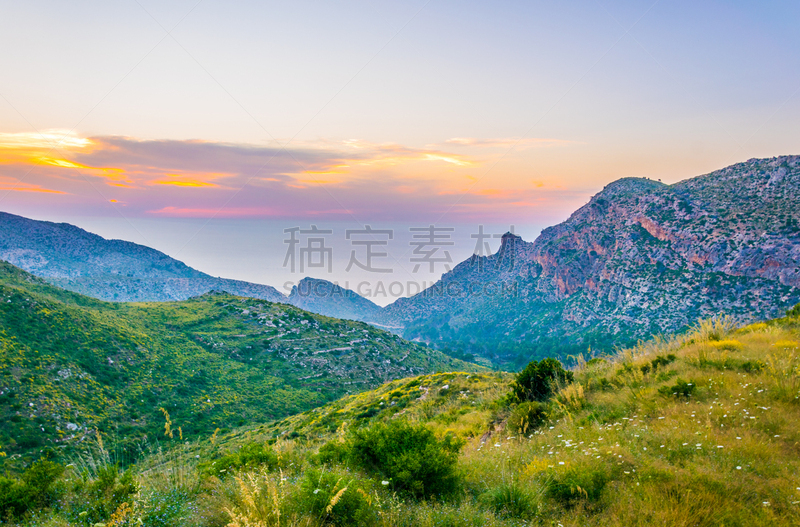 都市风景,马略卡,西班牙,齿状山脊,sierra de tramuntana,面向陆地,自然界的状态,野生动物,黄昏,撕破的