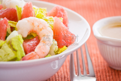 葡萄柚,沙拉,虾,水平画幅,膳食,海产,明虾,橄榄油,白色,莴苣