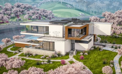 现代,春天,房屋,河岸,三维图形,草坪,玫瑰,华贵,建筑物门,建筑业