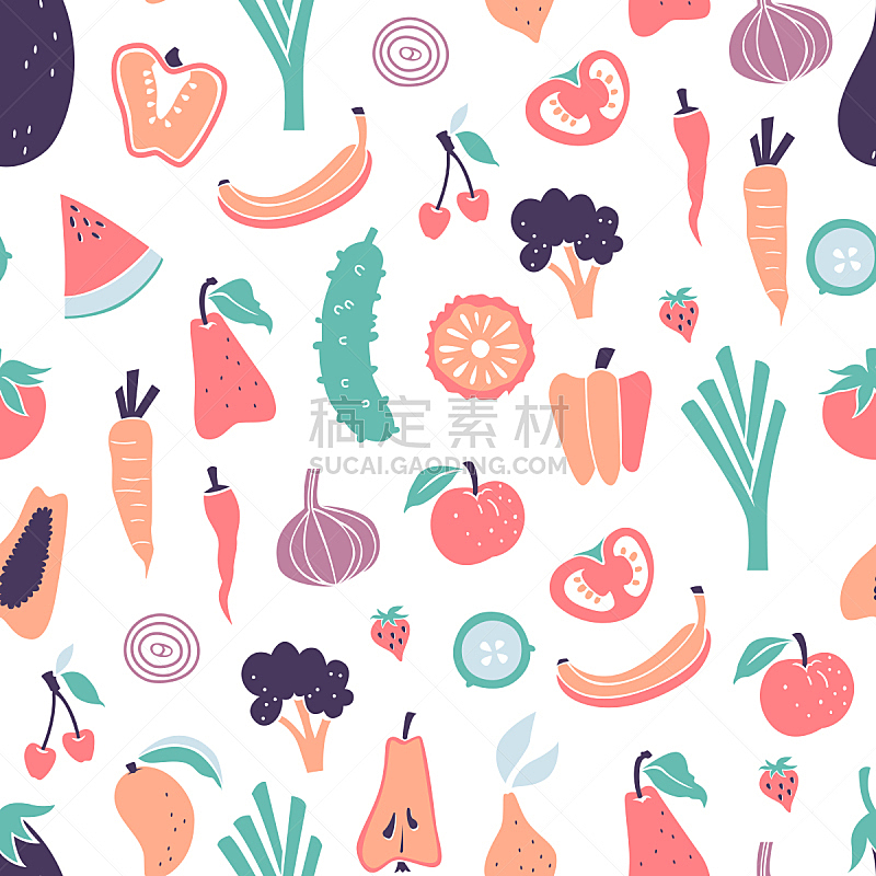 蔬菜,水果,四方连续纹样,手,乱画,农业,清新,食品,橙子,西兰花