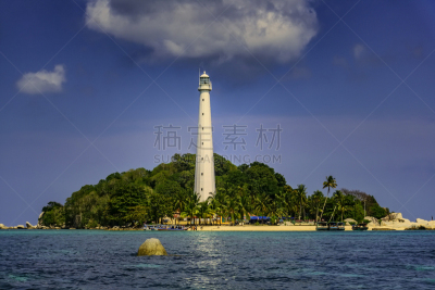印度尼西亚,勿里洞岛,岛,热带气候,云,船,著名景点,波浪,热带树,石头