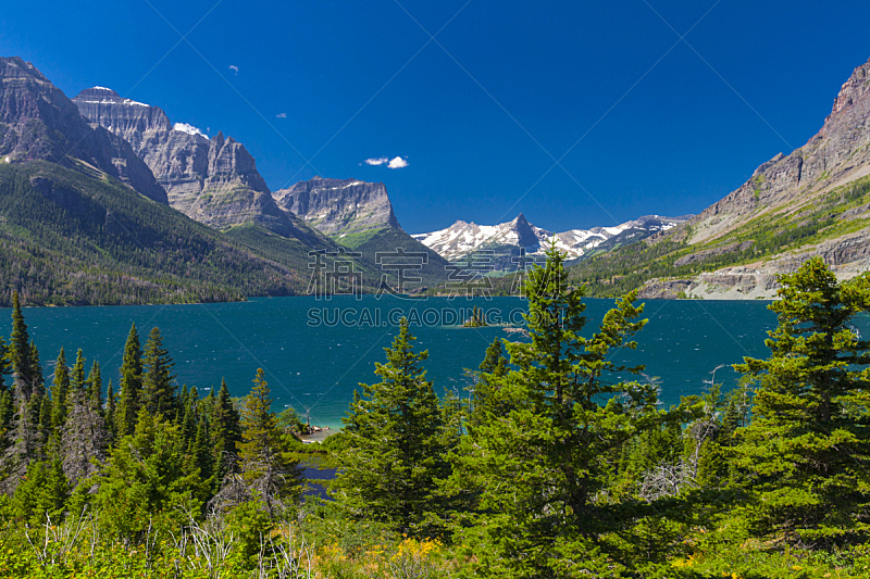 山,湖,岛,小的,自然,蒙大拿州,水平画幅,地形,无人,摄影