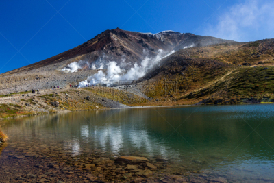 池塘,汽车视镜,全身像,旭岳火山,大雪山,峭壁,水,水平画幅,云,旅行者