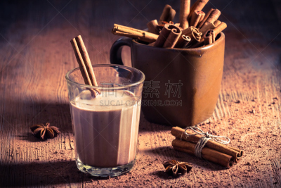 肉桂,牛奶,树皮,热可可,烤咖啡豆,褐色,芳香的,水平画幅,无人,热饮
