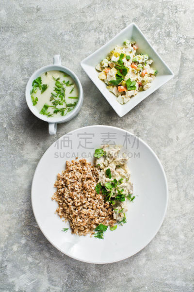 匈牙利牛肉条,餐馆,沙拉,自助餐,鸡汤,灰色背景,顶部,菜单,选择键,视角