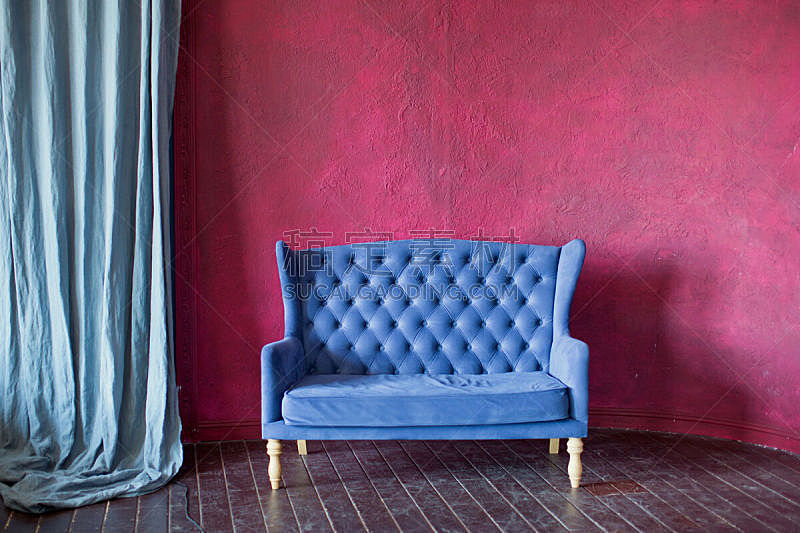沙发,蓝色,扶手椅,华贵,砖,舒服,椅子,现代,古董,皮革