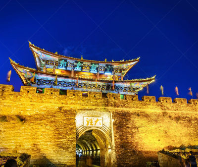 大理,墨尔本南门,云南省,亭台楼阁,天空,公园,水平画幅,墙,夜晚,无人