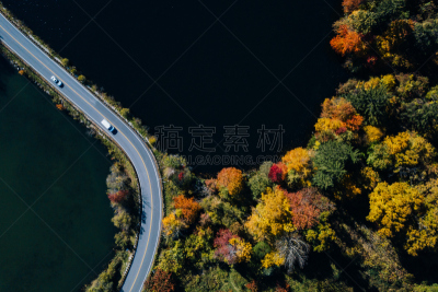 秋天,路,湖,森林,航拍视角,在活动中,旅途,汽车,公路,无人机