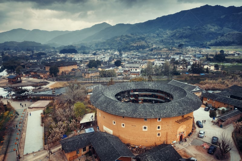 福建土楼,航拍视角,亚洲,传统,远古的,乡村,房屋,在上面,图像,美国