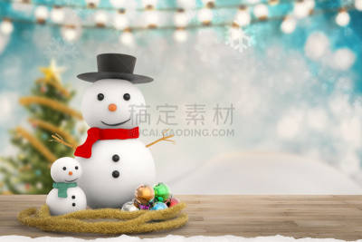 留白,雪人,圣诞卡,水平画幅,拟人笑脸,雪,绘画插图,圣诞树,彩色背景