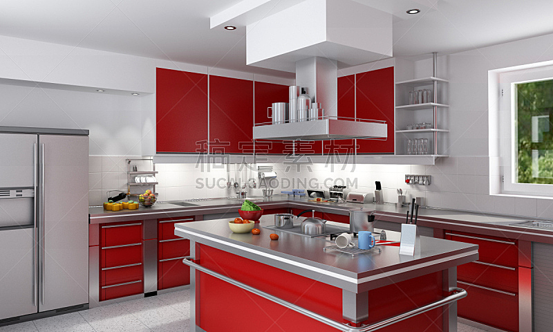 红色,厨房,调料架,刀架,独立灶台,保温瓶,新的,水平画幅,无人,干净