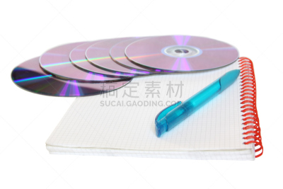 笔记本,水笔,光驱,螺旋记事本,空白的,水平画幅,无人,蓝色,白色背景,数据