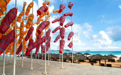 三亚,海滩,中国,桨叉架船,海湾,海南省,太平洋,色板,天空,水平画幅