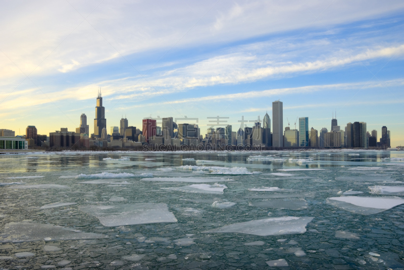 都市风景,芝加哥市,城市天际线,冰,aon center,汉考克大厦 ,威利斯大厦,大冰原,浮冰,密歇根湖