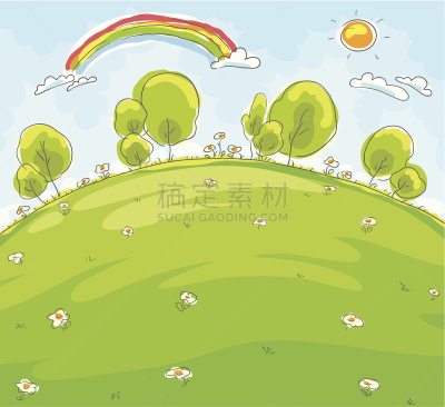 卡通,地形,儿童画,绘画插图,留白,山,无人,夏天,户外,草