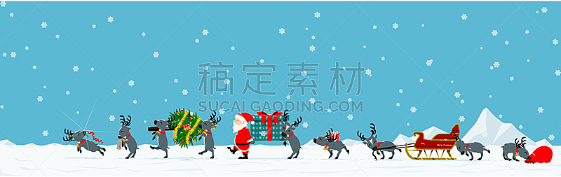 圣诞老公,动物雪车,雪橇,圣诞老人,圣诞树,雪,杆,北,全景