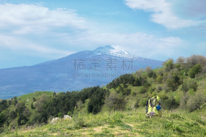 埃特纳火山,背包,西西里,山,绿色,都市风光,运动,齿轮,云,春天