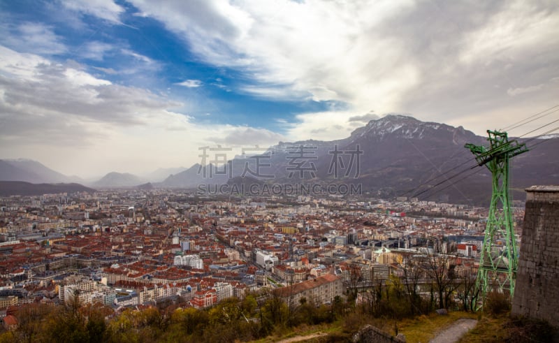 都市风景,格勒诺布尔,法国,欧洲,摄像机拍摄角度,巴士底,水,天空,水平画幅,雪