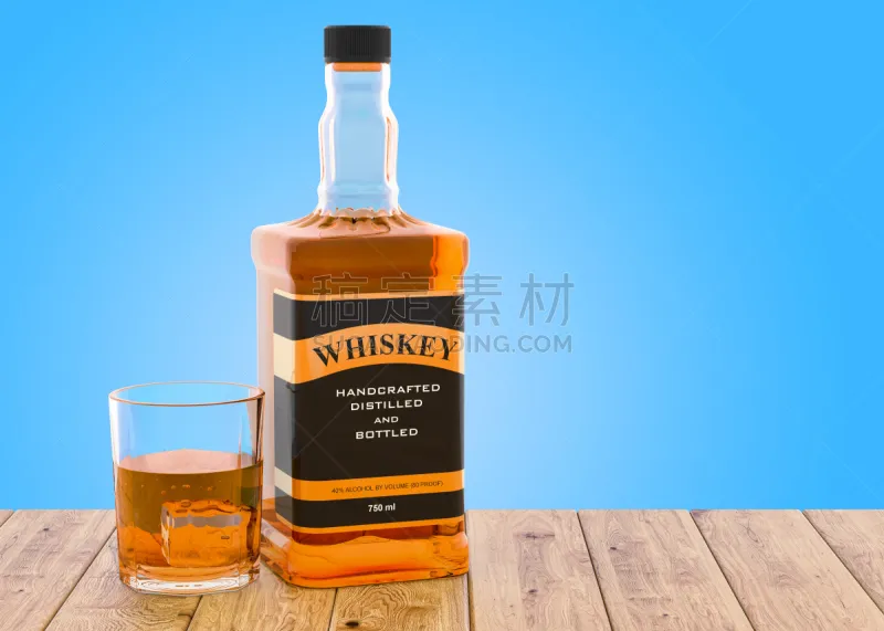 三维图形 木制 瓶子 玻璃杯 桌子 威士忌 充满的 组物体 褐色 玻璃图片素材下载 稿定素材