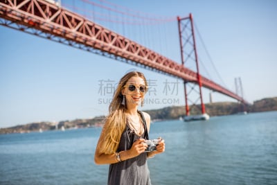 葡萄牙,女人,里斯本,桥式,水,天空,旅行者,金属,都市风景,青年人