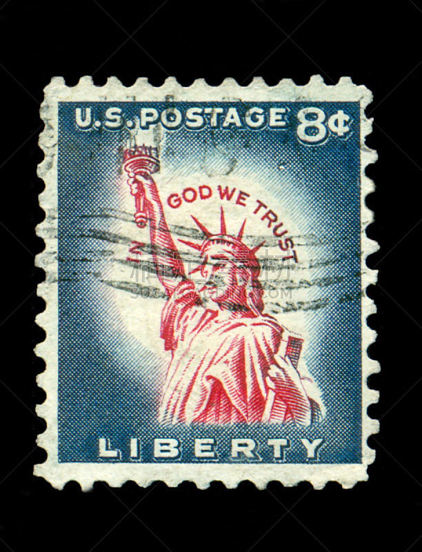 分币符号,自由女神像,数字8,邮票,1954,垂直画幅,国际著名景点,旅游目的地,邮件,神