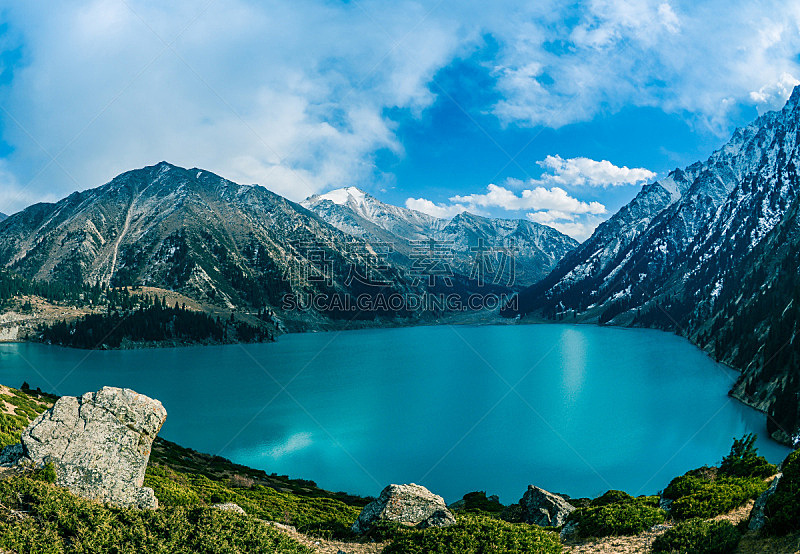 湖,山,哈萨克斯坦,阿拉木图,欧亚大陆,自然,水,天空,水平画幅,绿色