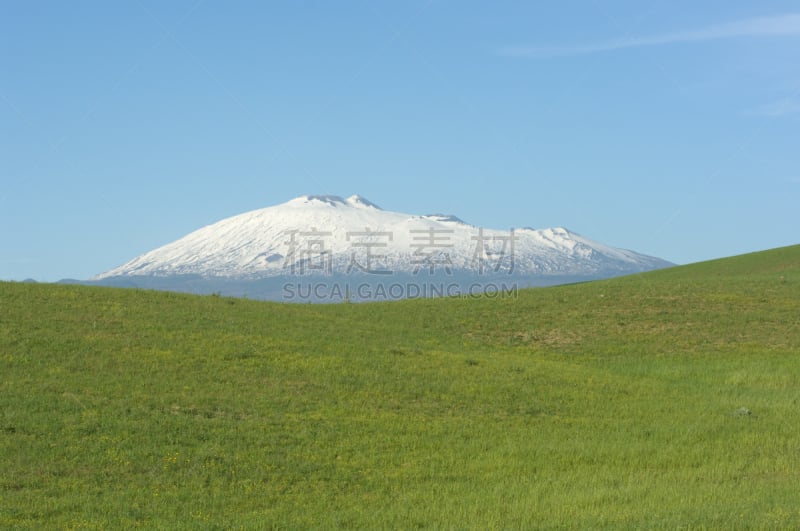 埃特纳火山,草,绿色,天空,草原,水平画幅,雪,无人,户外,白色