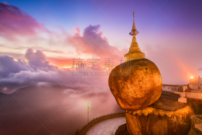 缅甸,吉谛瑜佛塔,天空,灵性,水平画幅,夜晚,无人,户外,云景,佛塔