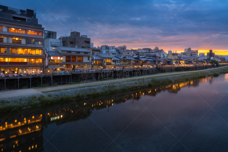 祗园,河流,鸭川,京都府,京都市,水,天空,里山,水平画幅,无人