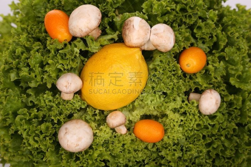 蘑菇,柠檬,莴苣,桔子,绿色,野菇,金橘,水平画幅,水果,有机食品