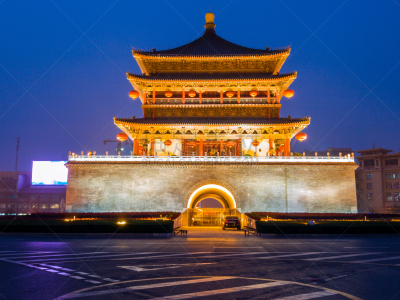 西安,夜晚,了望塔,旅游目的地,水平画幅,建筑,无人,曙暮光,大门,要塞
