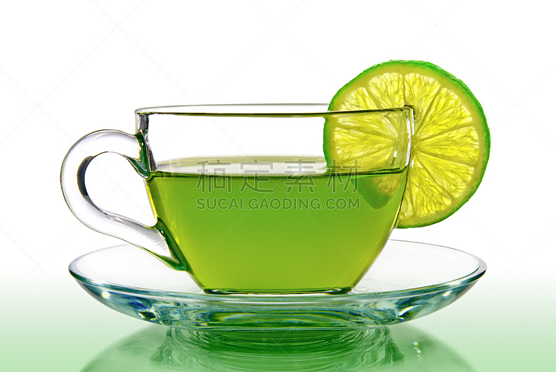 柠檬,绿茶,白色背景,恰恰舞,滴瓶,餐具,芳香的,水平画幅,茶碟,玻璃