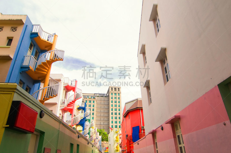 新加坡,多色的,螺旋梯,乡村,安全护栏,白沙浮街区,丽奥图中心,爬楼梯机,出口标志,螺线