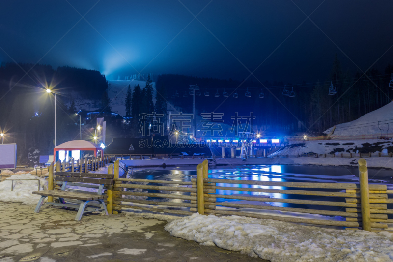 夜晚,滑雪场,度假胜地,水平画幅,雪,无人,滑雪坡,水库,户外,云杉