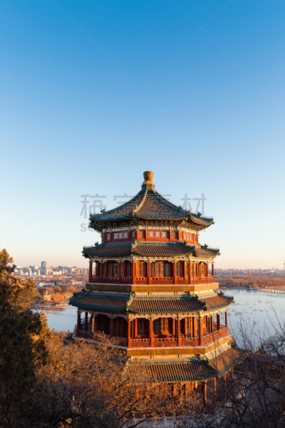 塔,寺庙,颐和园,万寿山,昆明湖,广场,万里无云,国际著名景点,垂直画幅,留白
