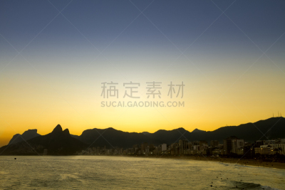 列比伦海滩,巴西,伊帕尼马海滩,里约热内卢,山,兄弟,在上面,海滩区,两只动物,日落