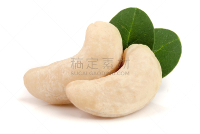 腰果,大特写,叶子,白色背景,分离着色,坚果,素食,干花,科学怪人,干的