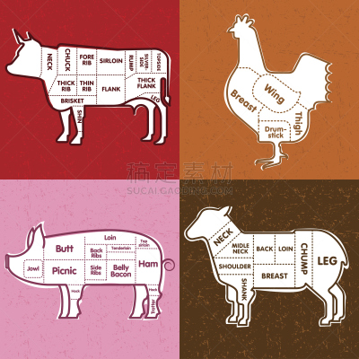 羊羔,牛肉,鸡,猪肉,烤炉手套,动物群,猪,牛,动物,鸟类
